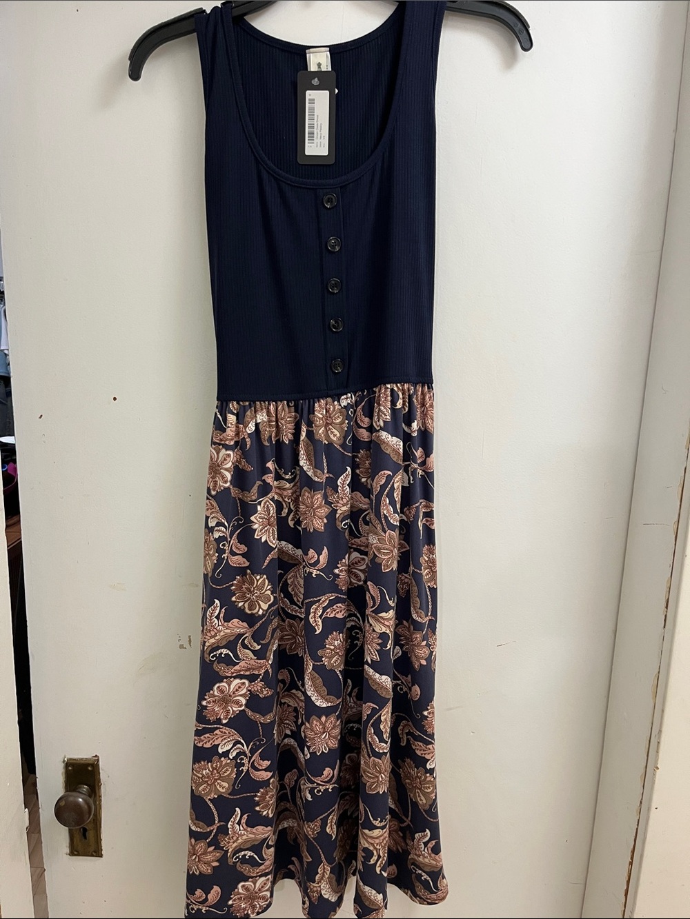 Navy Tank Floral Midi Dress with Button Detail